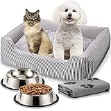 Guardian Bear Cama Perro o Cama Gato 65x50cm con Comedero, Bebedero y Manta. Pack 4 en 1 Básico para Mascotas Pequeñas y Cachorros