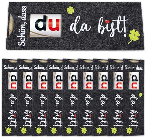 10 Stück "Schön dass du da bist" Gastgeschenk für Schokolade Verpackung, Hülle Filz Gastgeschenke Konfirmation, Geschenkverpackung für Hochzeit, Taufe, Abschluss, Geburtstag, Firme