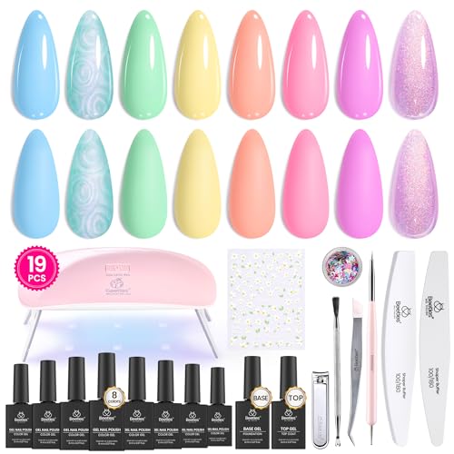 Beetles Gel Nail Polish Kit with U V Light: 19 Pcs Garden Party Pastel 8 Colors Soak Off Gel Nail Set with Base and Top Coat, Sticker accessories All in One Manicure Party Favors