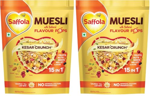 Image of Saffola Muesli Kesar Crunch with Flavour Pops, 450 gm | 15 in 1 Fruit and Nuts, Seeds, Millet & more | Cereals for breakfast with wholegrain, protein, fibre (Pack of 2)