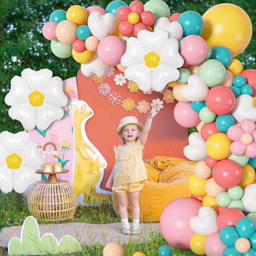 Image of Ouddy Life 161pcs Daisy Baby in Bloom Balloon Arch Kit, Groovy Party Decor | Pastel Pink Yellow Orange Blue Green Balloons Daisy Banner for Baby Shower Groovy Boho Birthday Spring Party Decorations
