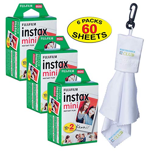 Fujifilm Twin-Pack of 10 Instax Mini Film (60-Sheets) | Designed for Mini 8 / Mini 9 Camera | Develops and Prints Photos Instantly | -Bonus- Free Lens Cleaner Microfiber Cloth