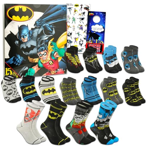 Batman 15 Days of Socks - Bundle of One Size 15 Pack of Crew and Low Cut Superhero Socks Stickers and Door Hanger | DC Comics Merchandise for Men