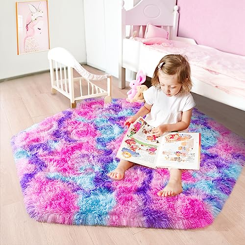 Image of junovo Ultra Soft Hexagon Rug Fluffy Rainbow Nursery Rug for Princess Tent Kids Play Castle, Furry Hexagonal Carpet for Kids Girls Room Playhouse Classroom Dorm Home Decor, 4.6ft Tie-Dye Hot-Pink