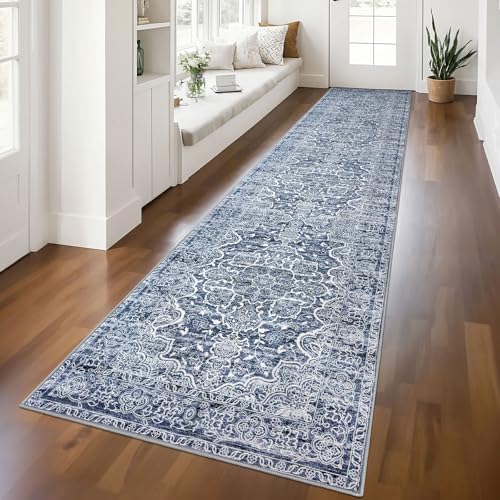 KUTA Vintage Floral Washable Runner Rug 2.6x12, Non-Slip Hallway Kitchen Rugs Blue White with Rubber Backing,Ultra Soft Printed Distressed Modern Extra Long 12ft Carpet Runners Indoor for Bedroom