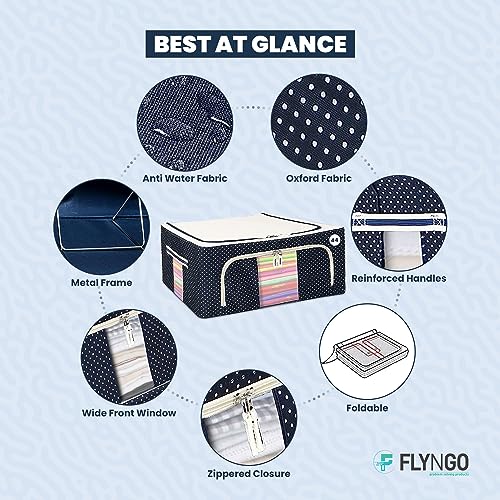 Image of FLYNGO Foldable Steel Frame Clothes Organizer Storage Box For Wardrobe, Saree, Shirts, And Blankets (44 Ltr - Pack Of 4, Oxford Fabric), Blue