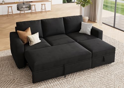 Image of HONBAY Modular Sectional Sleeper Sofa with Pull Out Bed, L Shaped Couch with Storage Seat, Modular Sectional Couches for Living Room - Black