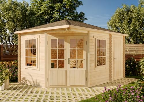 Alpholz 5-Eck Gartenhaus Modell Rhein ISO aus Holz mit 28 mm Wandstärke und Walmdach mit Imprägnierung