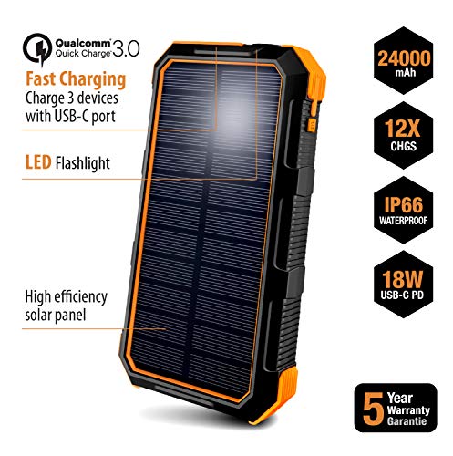 Toughtested Bigfoot Portable Solar Charger - With 4-Mode Led Flashlight- Ip67 All Weather, High Efficiency Solar Panel Charger For Iphone & Android Smartphones & Tablets, Drones, Cameras, (24000Mah) #TOP1
