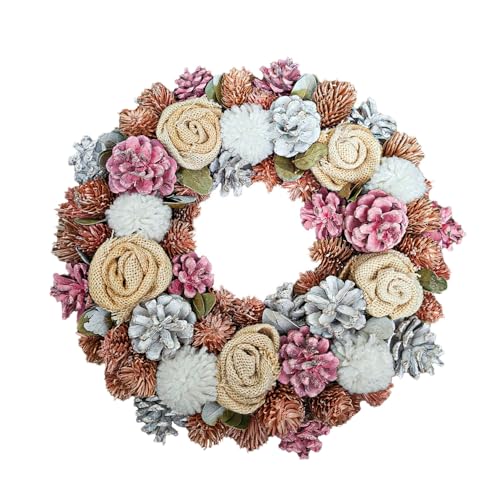HOMETEAK Elegant Pink Wreath - Natural Pinecones, Foam & Cloth,