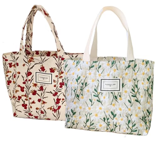 2PCS Small Tote Bag for Women Mini Canvas Embroidered Daisy Book Tote Bag Cute Corduroy Aesthetic Floral Reusable Bags for Grocery, Essentials, Water Bottle, Keys, Book, Bible
