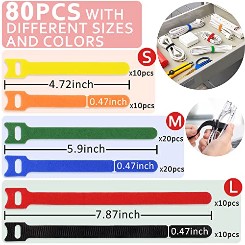 80pcs Cable Ties Reusable Multicolor Wire Ties Cable Management Cord Ties Reusable for Electronics Hook and Loop Cable Ties for Computer 4 6 8 Inch with 6 Color - image 4