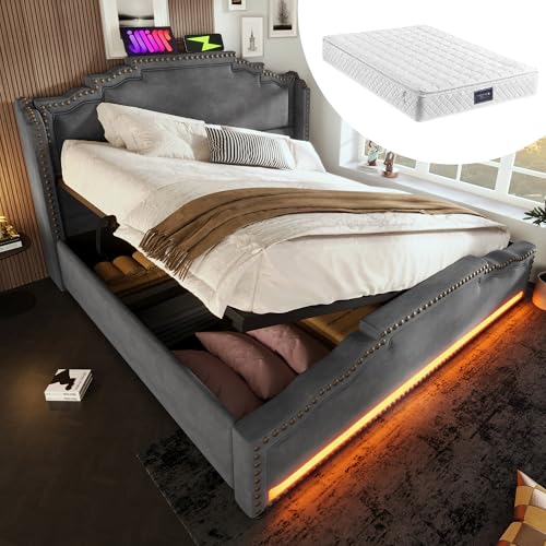 Cama de Matrimonio con Espacio de Almacenamiento, iluminación LED y conexión de Carga USB-C, Cama de Almacenamiento y Cama Juvenil con somier de láminas, Terciopelo, con colchón.(Gris,140x200cm)