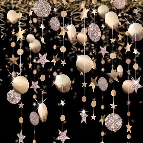Xiuyer Champagner Gold Glitzer Papier Kreis und Stern Girlande, 6 Stück Hängenden Runden...