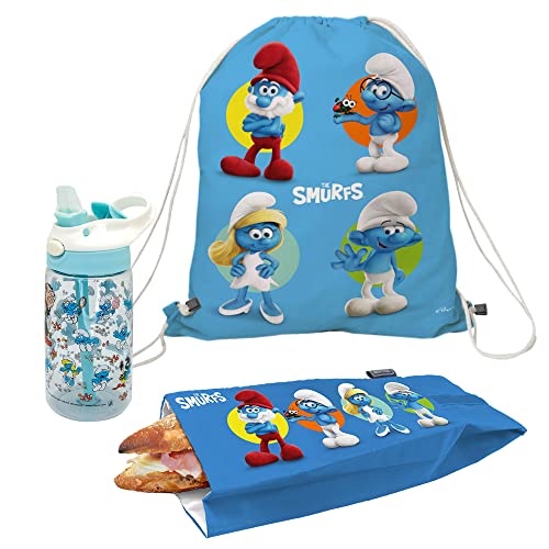 NERTHUS FIH 1071 Set sac à dos + sac sandwich + bouteille Tritan Schtroumpfs