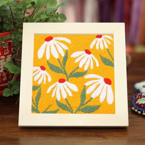 Image of Allazone Punch Needle Starter Kit - Square Frame with Flower Pattern, Hoop, Yarns, Punch Needle (Orange and White)