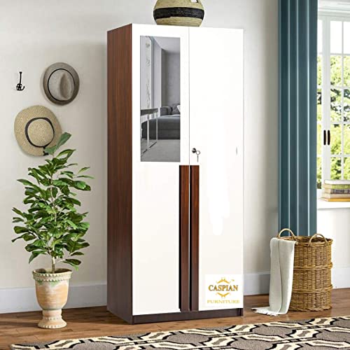 Image of CASPIAN Furniture 2 Door Wardrobe with Shelves, Drawer, Hanging Space and Mirror Attached | Wooden Wardrobe for Bedroom Storage (Walnut, Width 30 Inches)