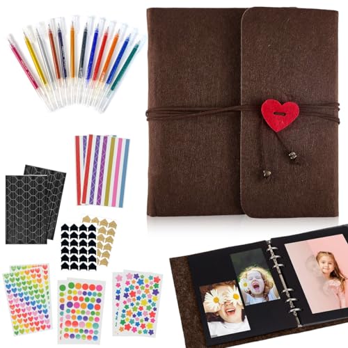 Image of HASTHIP DIY Photo Album 60 Pages with Color Stickers, Metallic Pen, Red Heart Closure, Felt Cover for Family, Graduations, Weddings, Scrapbooking, Memory Keeping, Free Size