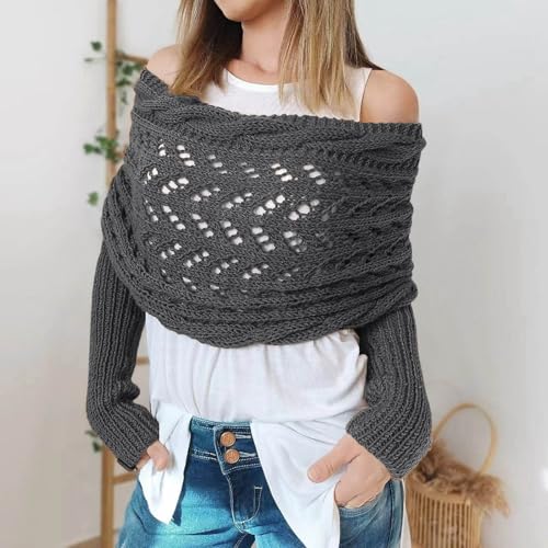 Scarf with Sleeves for Women,Multifunctional Crochet Shrug Sweater Wrap Knitted Cable Wrap with Sleeves for Women2