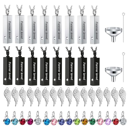 16 Pcs Urn Necklace For Ashes Urn Necklace Stainless Steel Cremation Jewelry For Women Men Cylinder Memorial Necklaces Keepsake Pendant With Funnel(Silver,Black)
