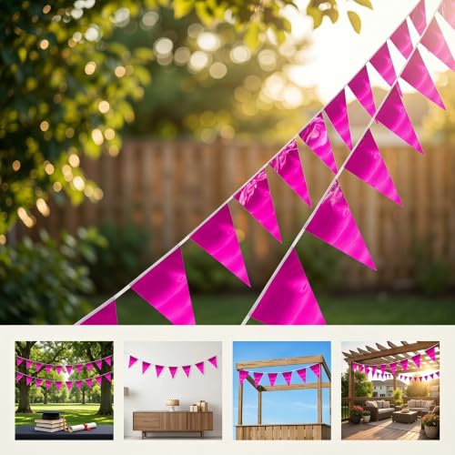 Image of 130FT Rose red Triangle Pennant Banner Flag Metallic Fabric Bunting Garland for Christmas Graduation Wedding Engagement Anniversary Bachelorette Birthday Bridal Shower Valentines Hen Party Supplies