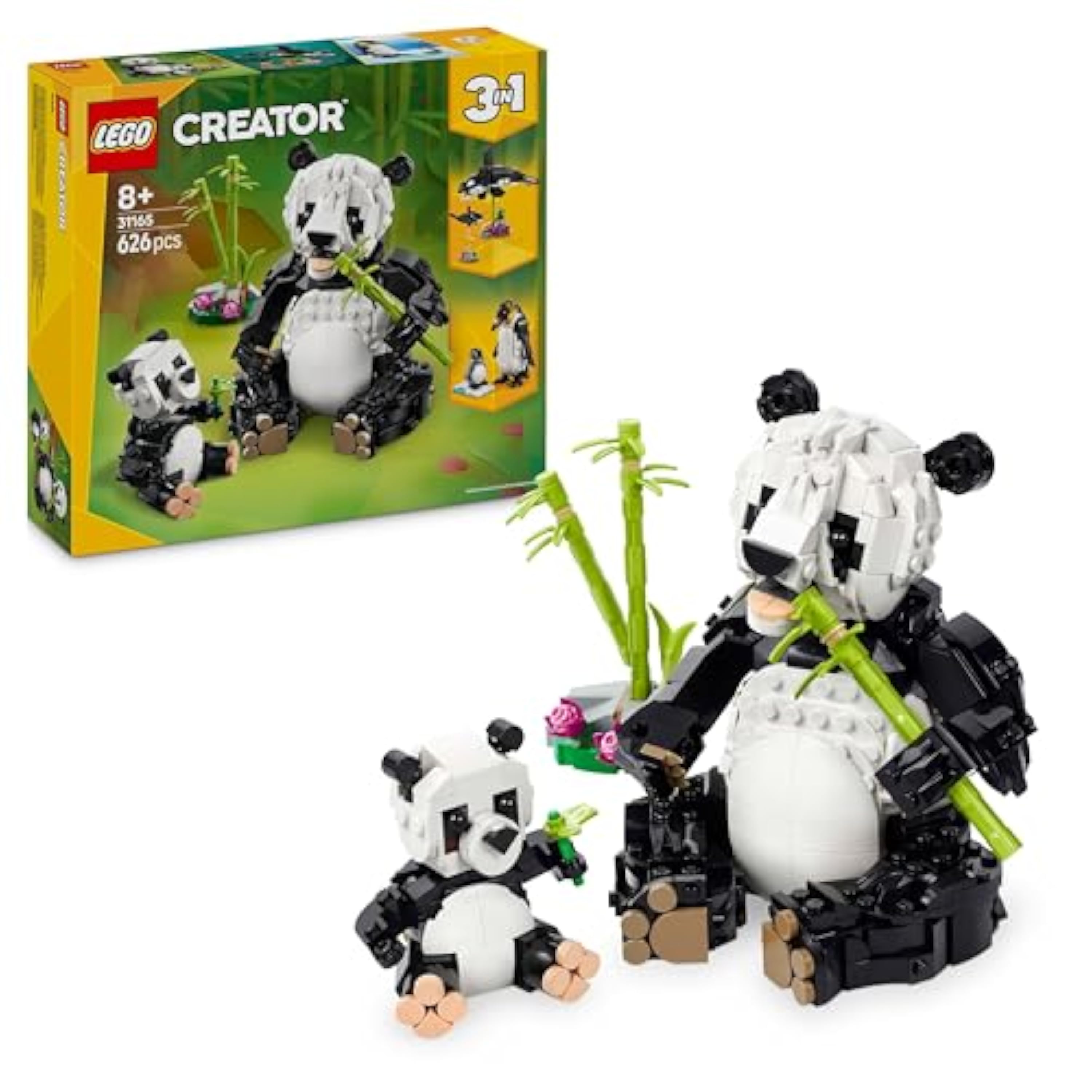LEGO Creator 3 en 1 Fauna Salvaje: Familia de Pandas de Juguete -Transformable en Figuras Articuladas de Pingüinos de Juguete y Ballena Orca - Regalo para Niñas y Niños de 8+ Años 31165