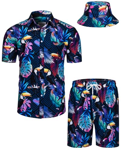TUNEVUSE Mens Hawaiian Shirts and Shorts Set 2 Pieces Beach Outfits Bird Print Summer Tropical Suit with Bucket Hats Navy Small