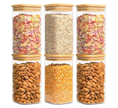 Image of Glass Food Storage Containers with Airtight Bamboo Lid, Coffee Storage Jars for Home Kitchen, Pantry Tea, Spices, Snack (SQUARE 1200 ML JAR, SET OF 6)