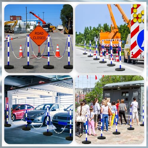 Image of Amylove 9 Packs Traffic Delineator Post Cone with Base, Traffic Cones Safety Cones Caution Cones Plastic Stanchion Chain Safety Barriers with 6.6 Feet Link Chain and S Hooks for Parking Lot (Blue)