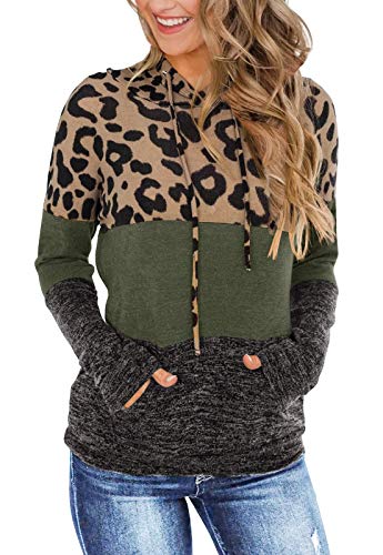 Fashare Womens Hooded Sweatshirts Leopard Color Block Hoodie Long Sleeve Pullover with Pockets Army Green