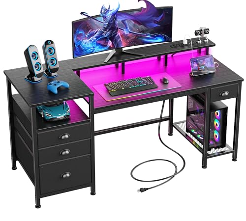 Furologee 60" Black Computer Desk with 4 Drawers and Printer Space, Gaming Desk with LED Lights and USB Power Outlets, Home Office Desk with Fabric File Cabinet,Study Work Table with Shelf for Bedroom