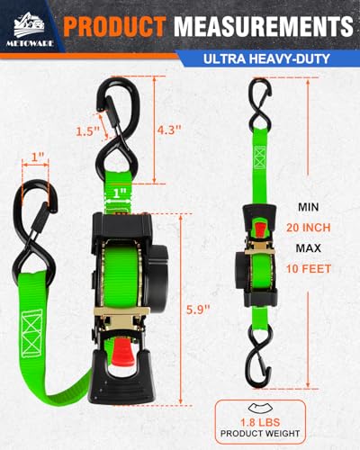 Image of METOWARE Retractable Ratchet Straps (2-Pack) - 1 in x 10 Ft (1500lb Break Strength) - Heavy Duty Auto Self Retracting Tie Down Straps for Truck, Trailer, Cargo Van, Motorcycle - Green
