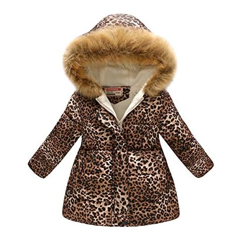 TENMET Girl's Kids Toddler Winter Coats Flower Print Parka Outwear Warm Cotton Hooded Jacket Leopard 5-6 Years Cover