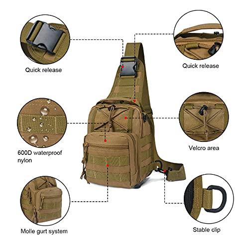 flintronic Taktische Sling Rucksack,Brusttasche mit Verstellbarem, Militär Schultertasche,Umhängetasche,Rucksack Schultertasche mit Karabiner für Outdoor Sport Camping Wandern - Khaki