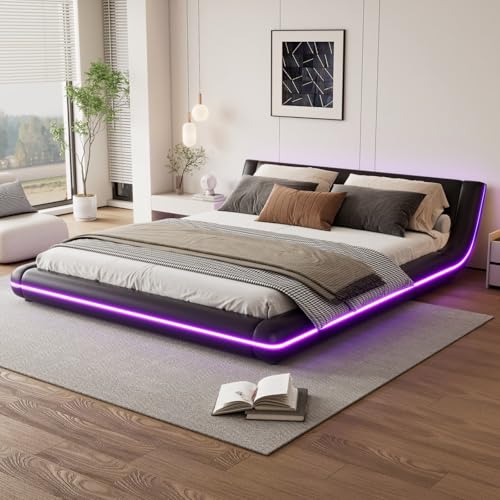 KOMHTOM Lit Double Rembourré avec Lumière d'ambiance LED, Lit Plat avec Sommier à Lattes en Bois, Design Unique, Moderne, PU(sans Matelas) (Noir, 160x200cm)