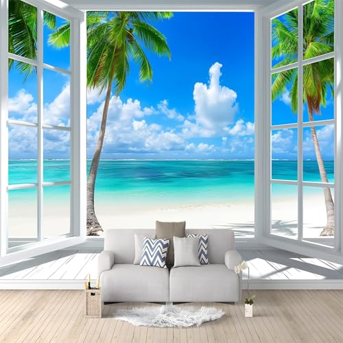 Mural Fotográfico Mar Paisaje Marino Ventanas Tropicales 250x175 cm Murales Decorativos Pared 3D Papel Pintado, Moderno Decoración de Paredes para salón Dormitorio Pasillo Comedor