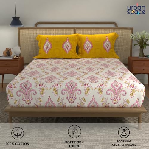 Image of Urban Space Divine 144TC 100% Cotton Printed Bedsheet for Double Bed, Double Bed Sheet Cotton with 2 Pillow Covers and 3 Cushion Covers with Giftbox (Motif Mustard - HG Yellow, Size 88 X 100 Inches)