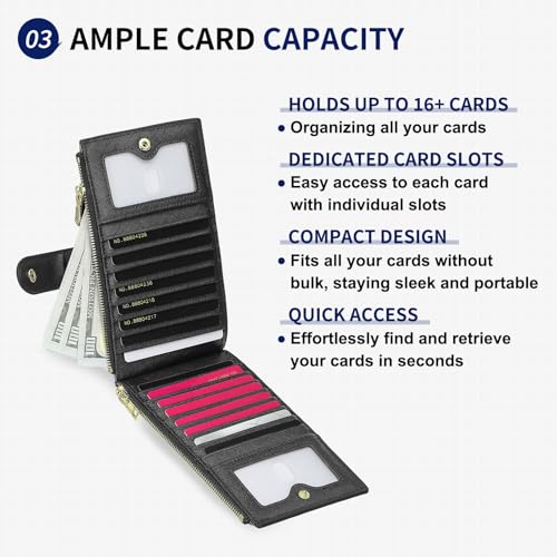 Credit Card Slim Wallet for Women and Men, PU Leather Minimalist Card Holder - 16 Slots & 2 ID Window & 2 Zipper Pocket, Black4