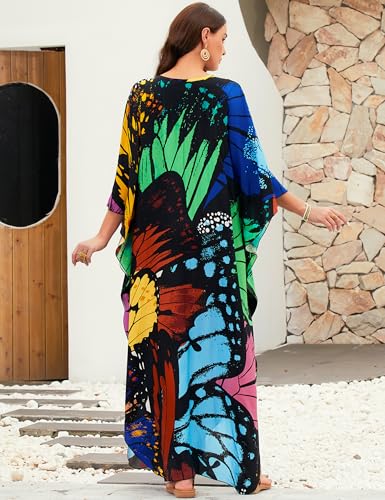 Image of MAKABO Kaftan Dresses for Women, V Neck Moo Moos Colorful Print Cover Ups Caftan Beach Dresses for Swimwear