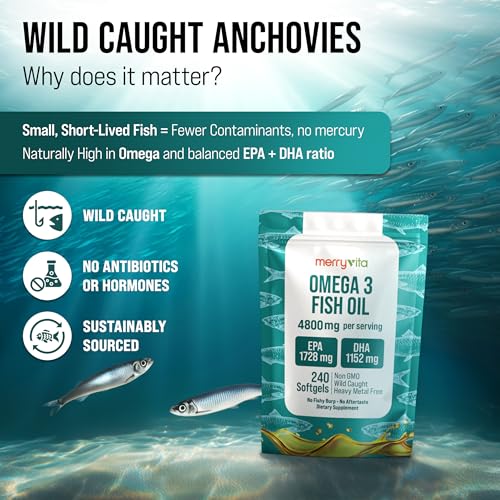 Image of Omega 3 Fish Oil 4800 mg - EPA 1728 mg | DHA 1152 mg from Wild-Caught Anchovies - Burpless Mini Softgels - Pure Omega-3 Fatty Acid Supplement - Non-GMO, Gluten-Free, No Aftertaste - 240 Capsules