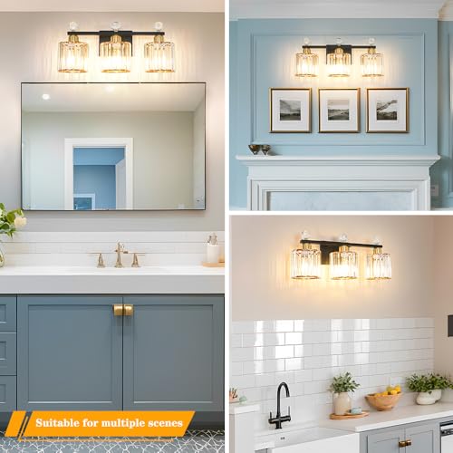 Image of Lxybcce Black and Gold Bathroom Vanity Light, 3-Lights Crystal Vanity Lights for Bath, Modern Bathroom Light Fixture Over Mirror, Wall Mount Lights with Clear Crystal Glass for Bedroom Living Room