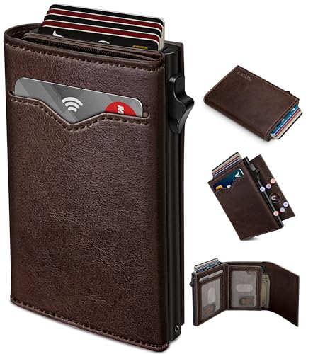 Image of miyozi Wallet for Men,with Cash Pocket 2 ID Window 9-13 Cards,Metal Case Smart Slim Pop Up Credit Card Holder Flip with Magnetic Closure RFID Blocking Trifold wallet with Gift Box