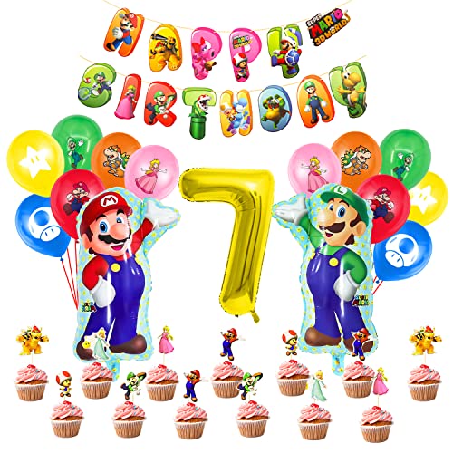 Mario Geburtstag Deko 7 Jahre 24 Pcs,Mario Luftballon Latex,Mario Folienballon,Gold Nr.7 Ballon Aluminiumfolie,Mario Happy Birthday Banner,Mario Cupcake Topper,Mario Party Set,7.Geburtstag Deko Cover