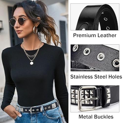 4 Pieces Studded Belt Set,Black Faux Leather Gothic Goth Belt for Women Men,Punk Rivet Belts with Star,Stud,Spiked,Double Grommet3