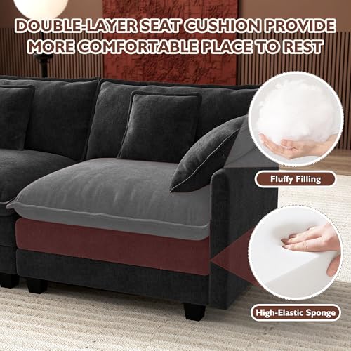 Image of Ihanherry 114 inch V-Shaped Modern Sofa Modular Sectional Cloud Couch with 2 Ottoman, 7-Seat Chenille Deep Seat Sofa with Corner Section for Living Room, Bedroom and Apartment, Black