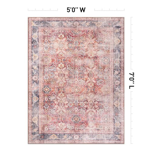 Rugshop Red Vintage Bordered Oriental‑Style Area Rug — Non‑Shedding, 5' X 7' for Living Room, Bedroom and Home Office