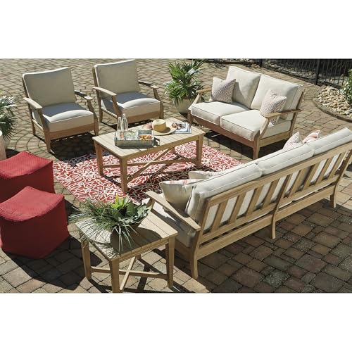 Signature Design by Ashley Clare View Outdoor Patio Sofa, 4 Throw Pillows, Nuvella Weather Resistant Fabric, Eucalyptus Wood, 81" W x 35" D x 32" H, Beige
