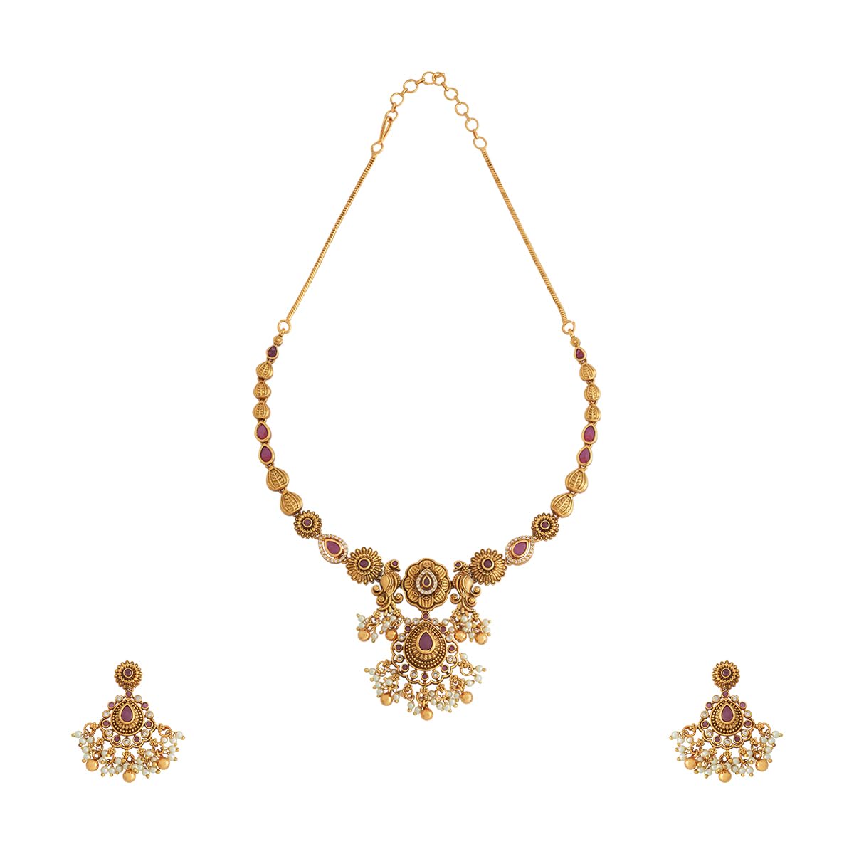 Fashion Jewellery Ruby Gold Polished Copper Antique Necklace Set With Adjustable Chain, Short Necklace & Push Back Earrings, Best for Festive Season & Special Occasion - 430350-image-36