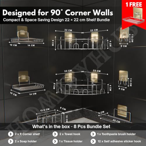 Image of 8 Pcs Bathroom Organiser Without Drill | Self Adhesive Wall Shelf Organizer & Soap Stand for Kitchen Bathroom | Toothbrush & Shampoo Holder R Corner Shelf (Silver)