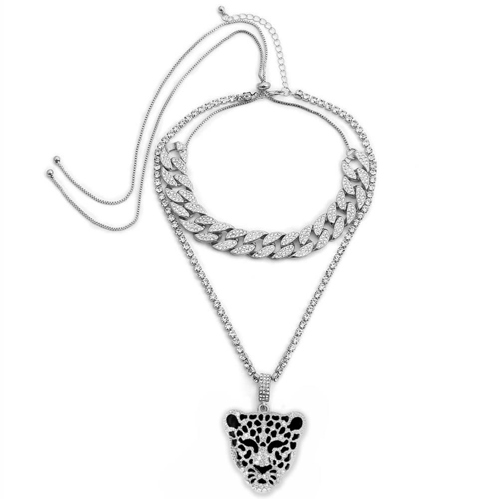 Statment Leopard Head Cuban Link Necklace Rhinestone Chain Gold for Women Girls Hip Hop Bling Chain Crystal Choker Necklace Jewelry